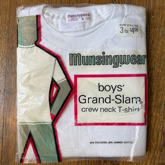 1960s/70s Munsingwear Undershirts, White, Grand Slam Crew Neck T-Shirt, Boys Style 3000, Size 16 Youth Large, New Old Stock in Package, Pack of 3