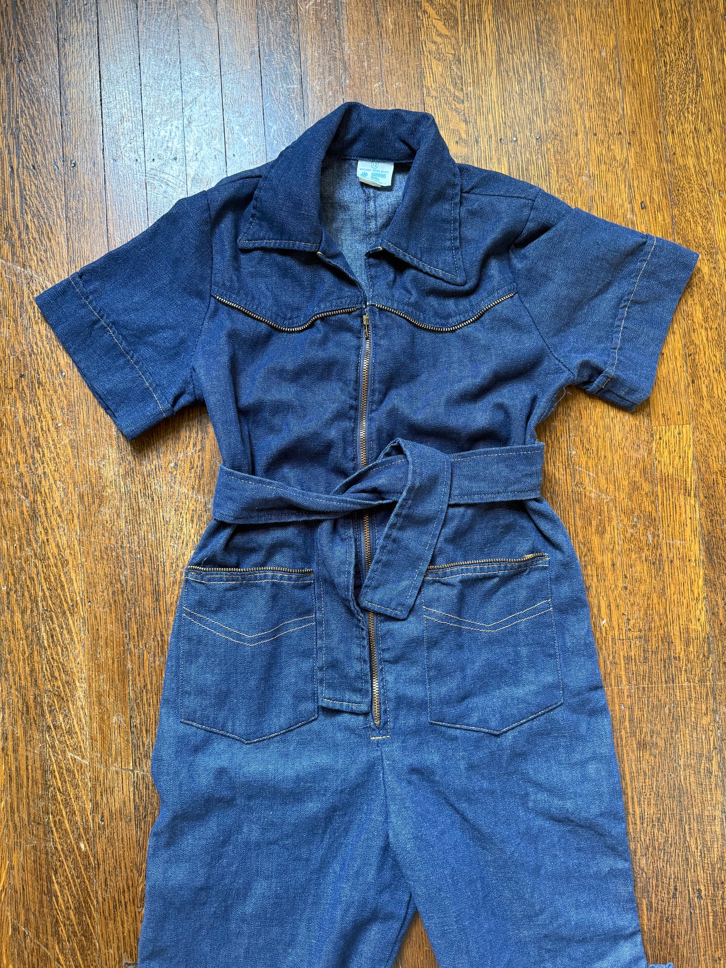 1970s Girl’s Denim Bellbottom Jumpsuit, Sears Growing Girl 10/12, Zip up with Zipper Trim