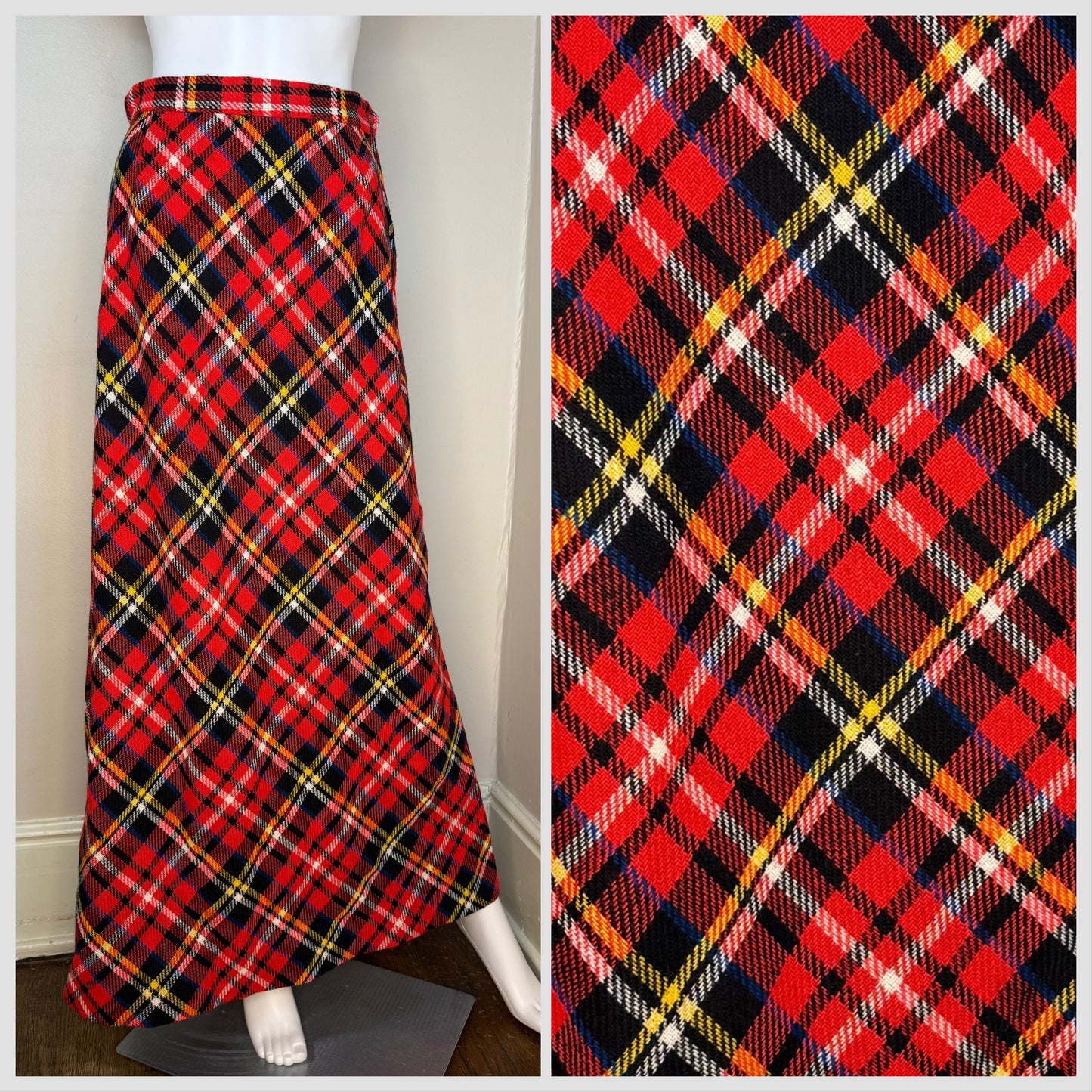1970s Red Plaid Maxi Skirt, Size XS/Small