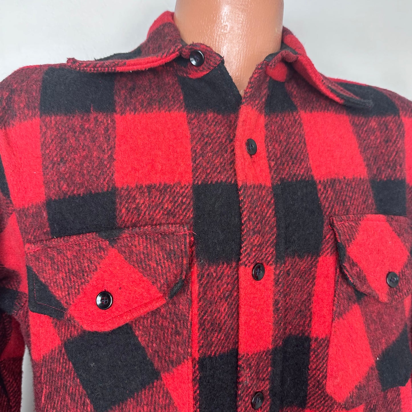 1960s/70s Red and Black Buffalo Plaid Thick Shirt Jacket, Kings Road Sears Men’s Store Size Medium