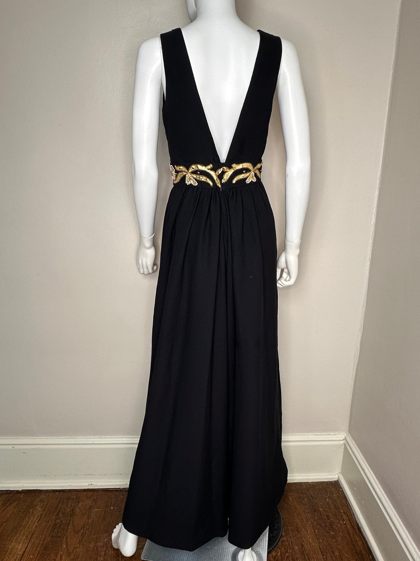 1960s/70s Black Wide Leg Jumpsuit with Gold Floral Embellishment Waistband, Size XS