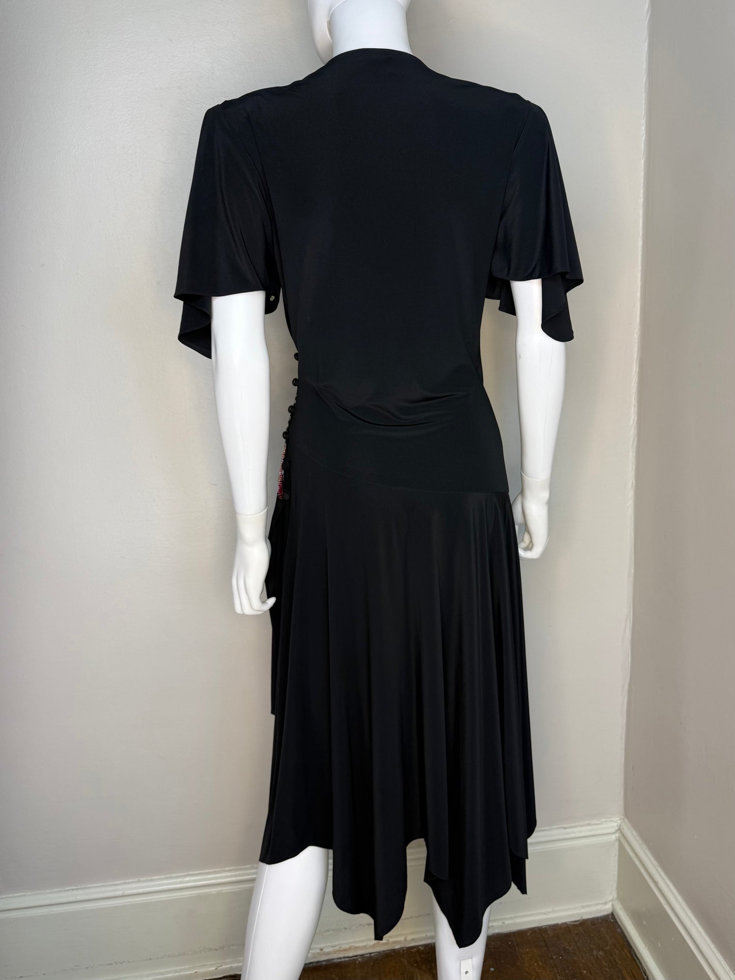 1970s/80s Black Handkerchief Hem Drop Waist Wrap Dress with Beaded Panel, Rimini Size Small-Medium