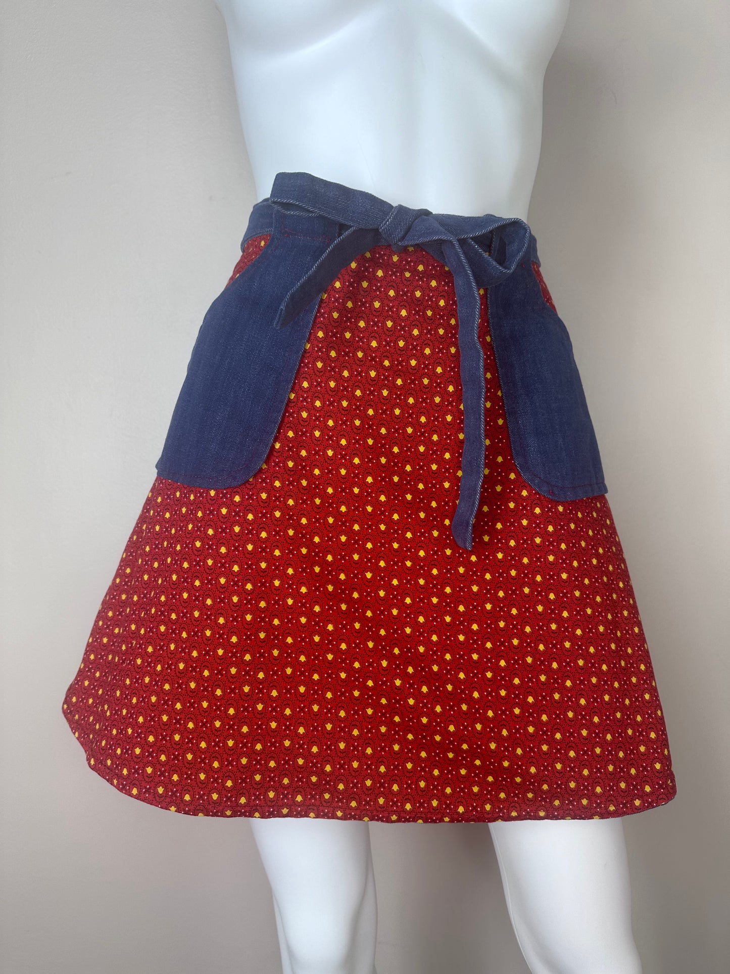 1970s Reversible Denim Wrap Mini Skirt, Floral Print, Handmade Size XXS-XS