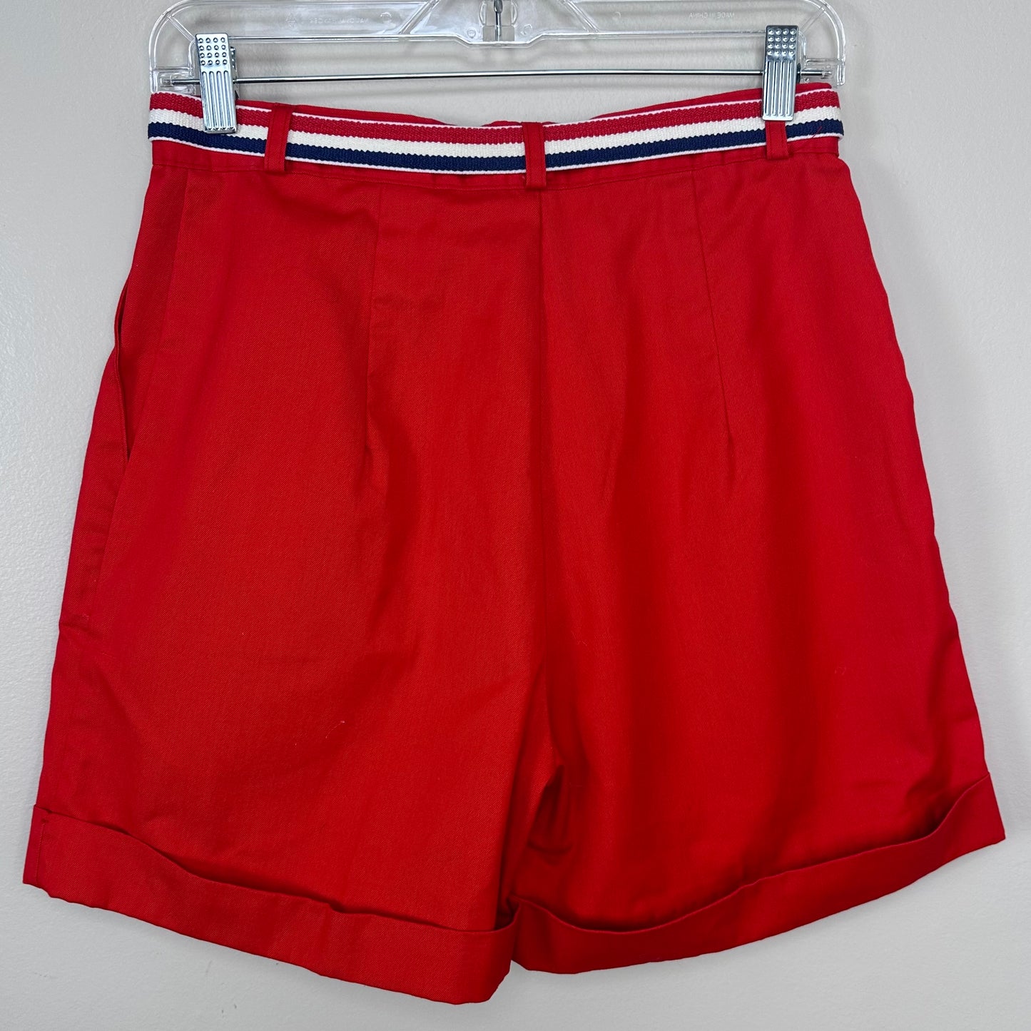 1980s Red Cuffed Shorts with Elastic Red White and Blue Stripe Belt, Catnip Size S/M