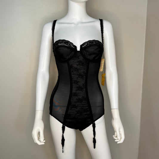 1980s Black Lace Bustier Shapewear Bodysuit, La Shapeur by Young Smoothie Size 34B, Torselette with Detachable Straps and Garters, Deadstock with Tags