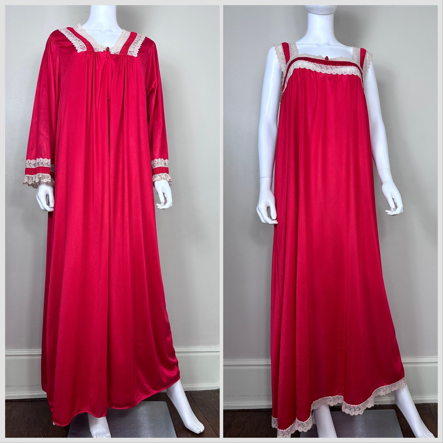 1960s/70s Plus Size Red Peignoir Set, Slenderstyle, Nightgown and Robe Set Size 3X