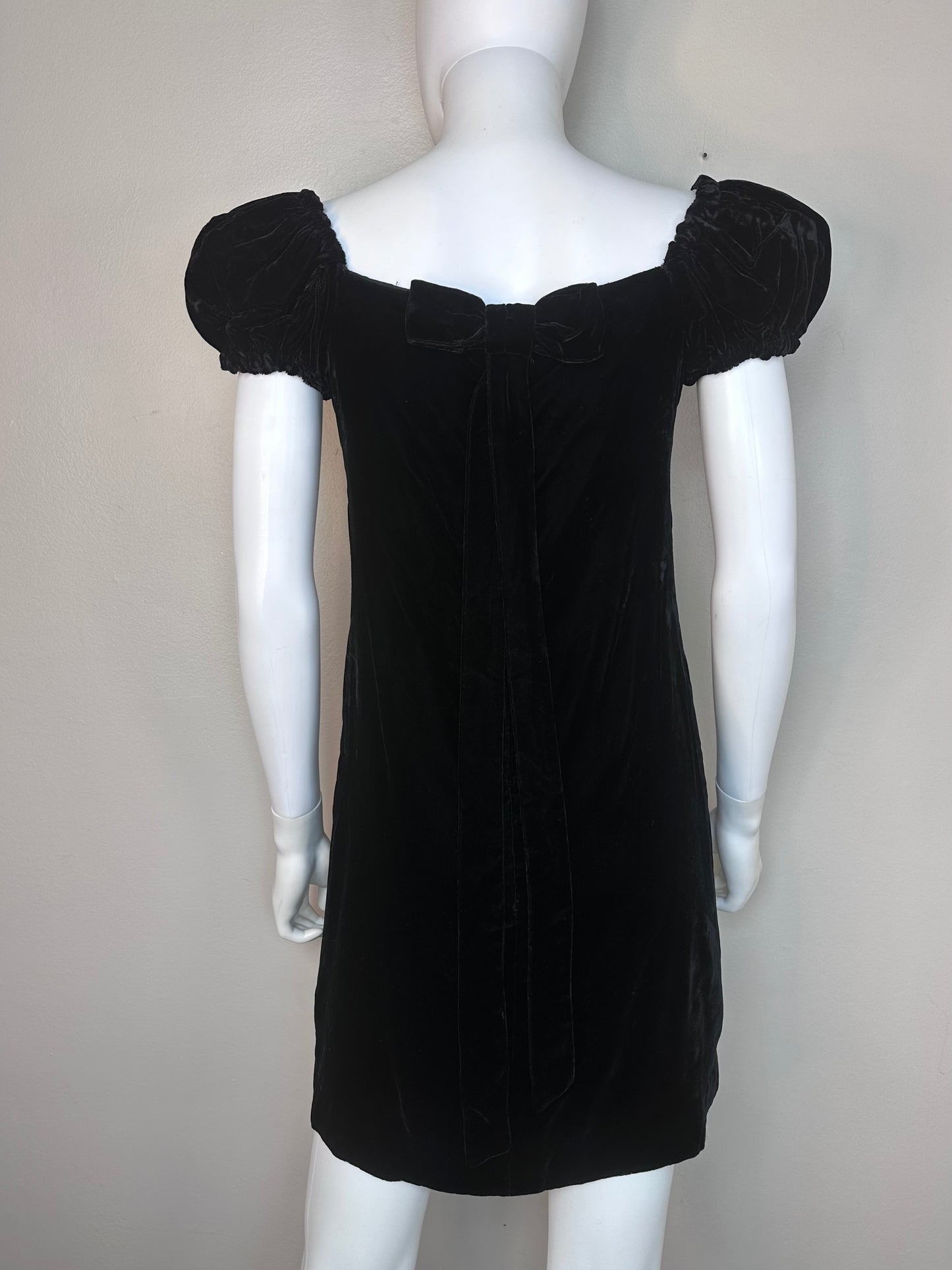 1960s Black Velvet Mini Dress with Puff Sleeves, Size XS, Back Bow