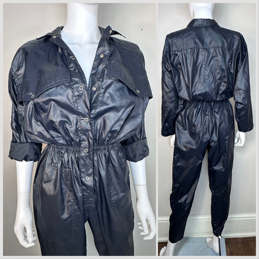 1980s Shiny Black Parachute Jumpsuit, Size Small-Medium