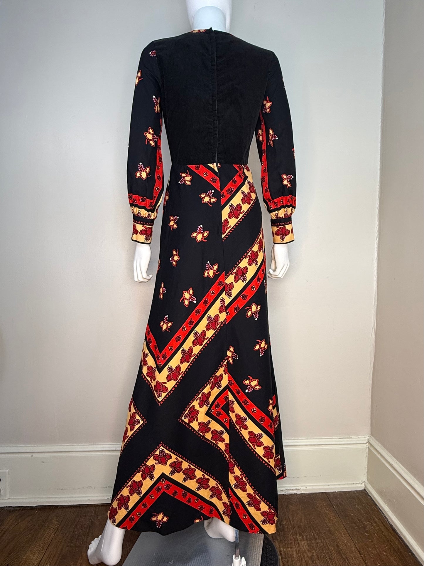 1970s Black Floral Cotton Long Sleeve Maxi Dress, Kaisu Heikkilä Oy Finland Size X-Small, Corduroy Bodice