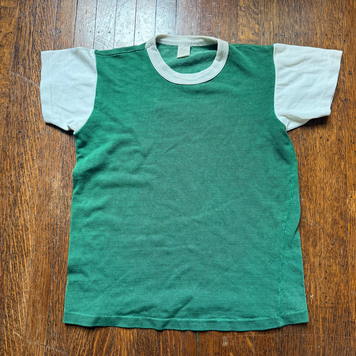 1960s/70s Kids’ Green and White Durene Jersey T-Shirt Size Youth M/Adult XS, No 21, Russell Southern Co