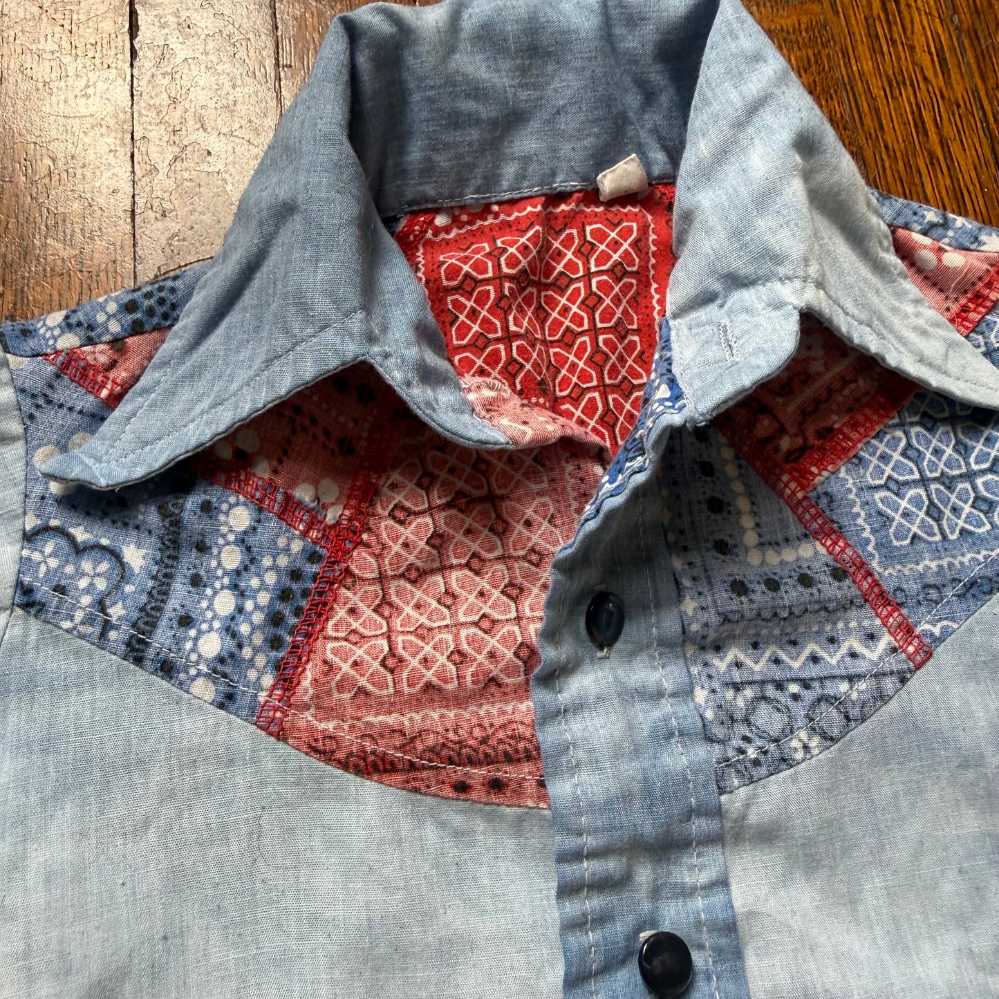 1970s Kids’ Western Shirt, Blue Cloudy Dye and Bandana Patchwork, Size 6