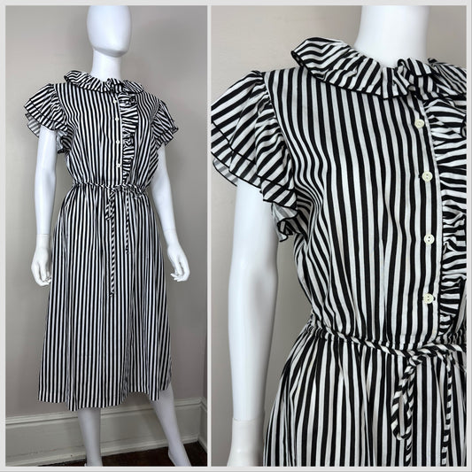 1970s Black and White Stripe Dress with Ruffles, Size Large