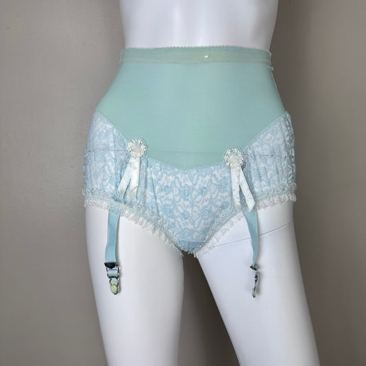 1960s Olga Lace Panties with Garter Belts, Size Small, Pastel Blue Pretty Partners, Shapewear Girdle Waist Cincher