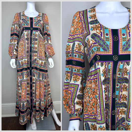 1970s Scarf Print Long Sleeve Maxi Dress, Size Medium, Empire Waist