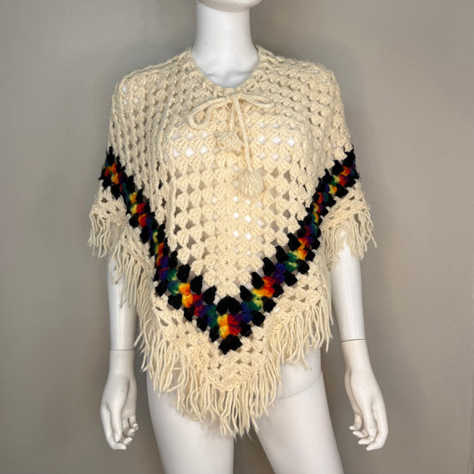 1970s Crochet Poncho with Fringe, Rainbow, Handmade