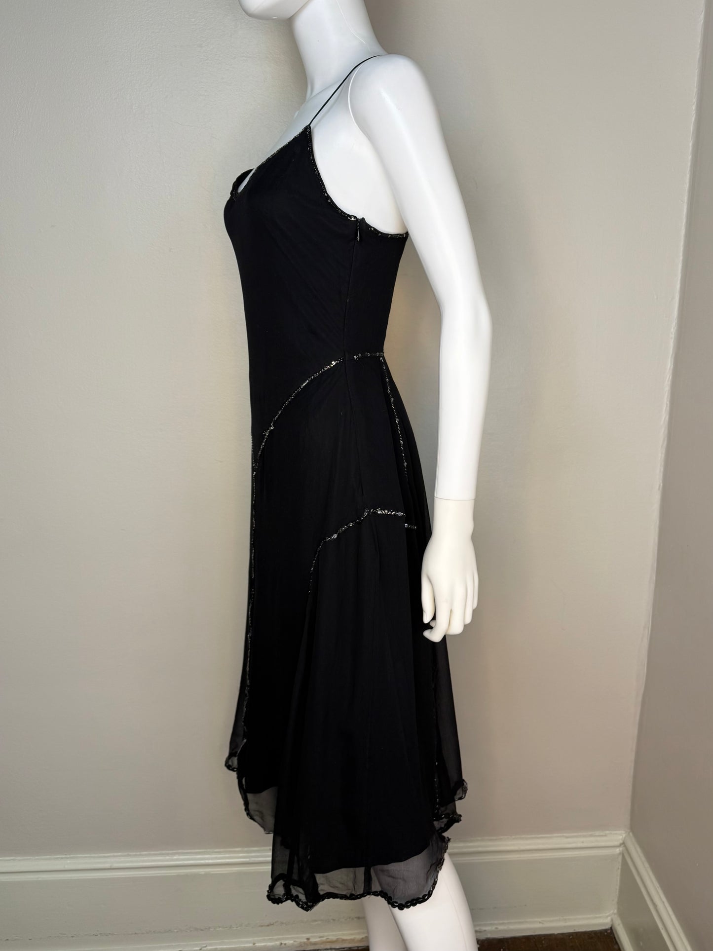 Y2K Betsey Johnson Black Sequin Slip Dress with Zig Zag Hem, Size XS/Small, Sample