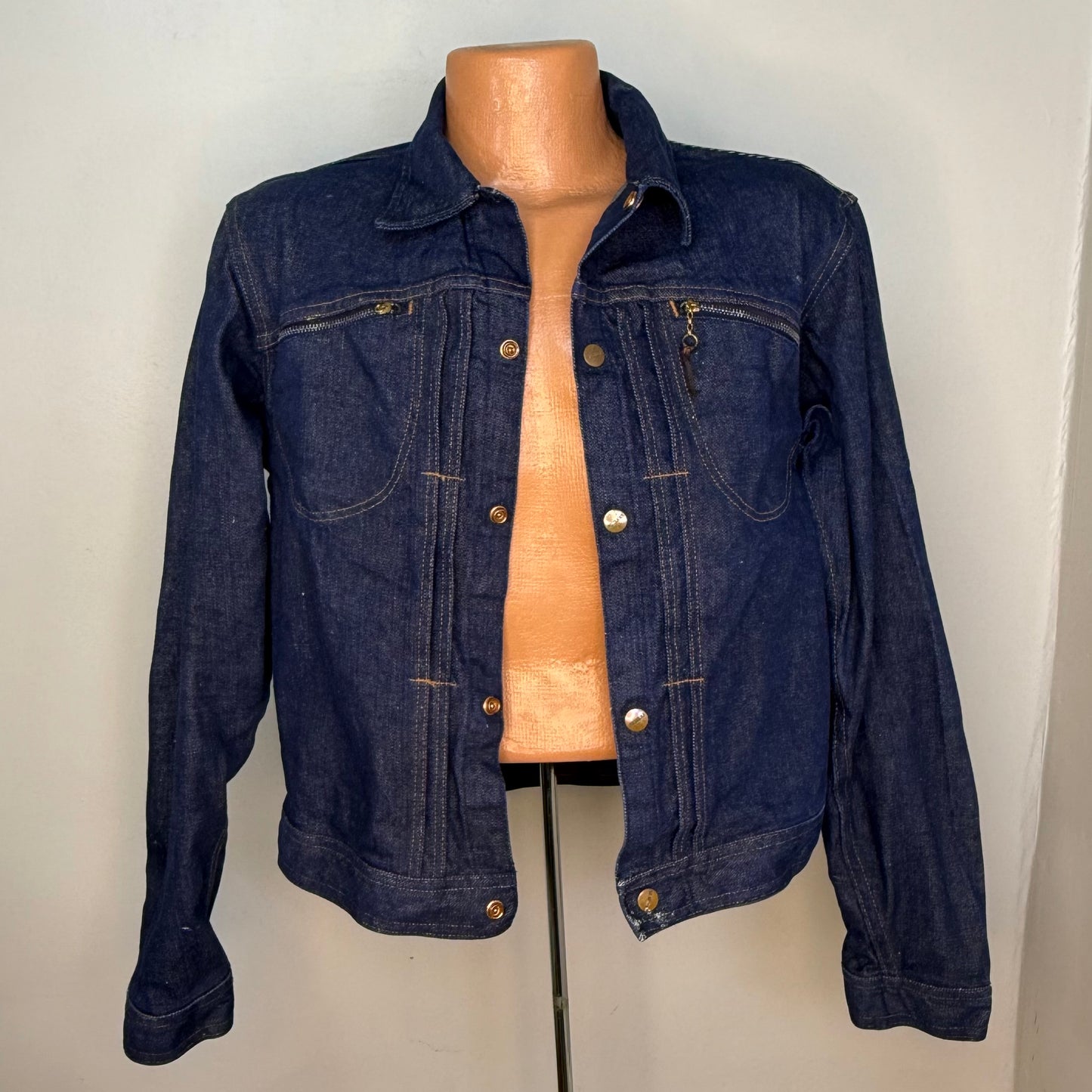 1960s Western Denim Jacket, Roebucks Sears Size Small, Front Pleats, Pocket Zippers