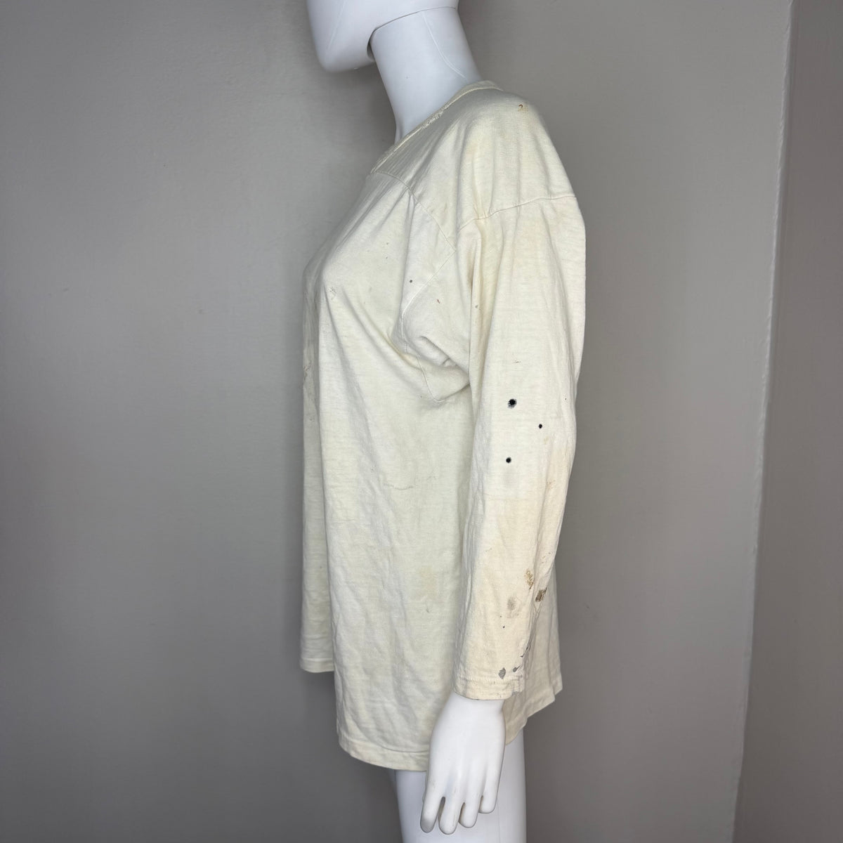 1960s/70s Off White Cotton Jersey T-Shirt, Size Medium, Paint Stains, Distressed
