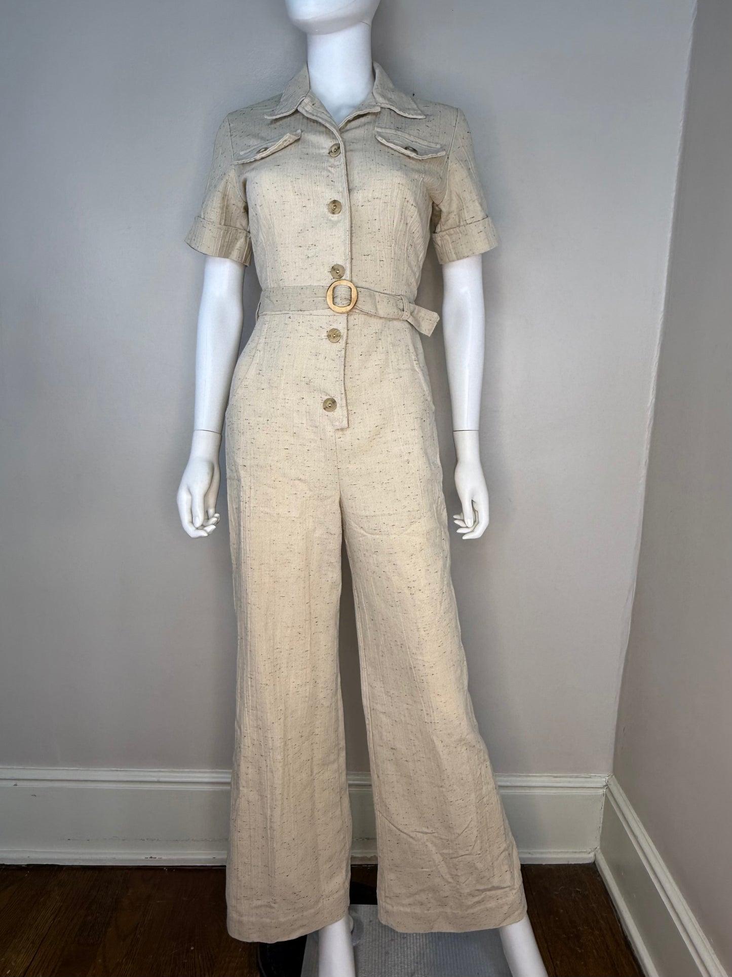 1970s Tan Safari Flare Leg Jumpsuit, Sears Jr Bazaar Size Small