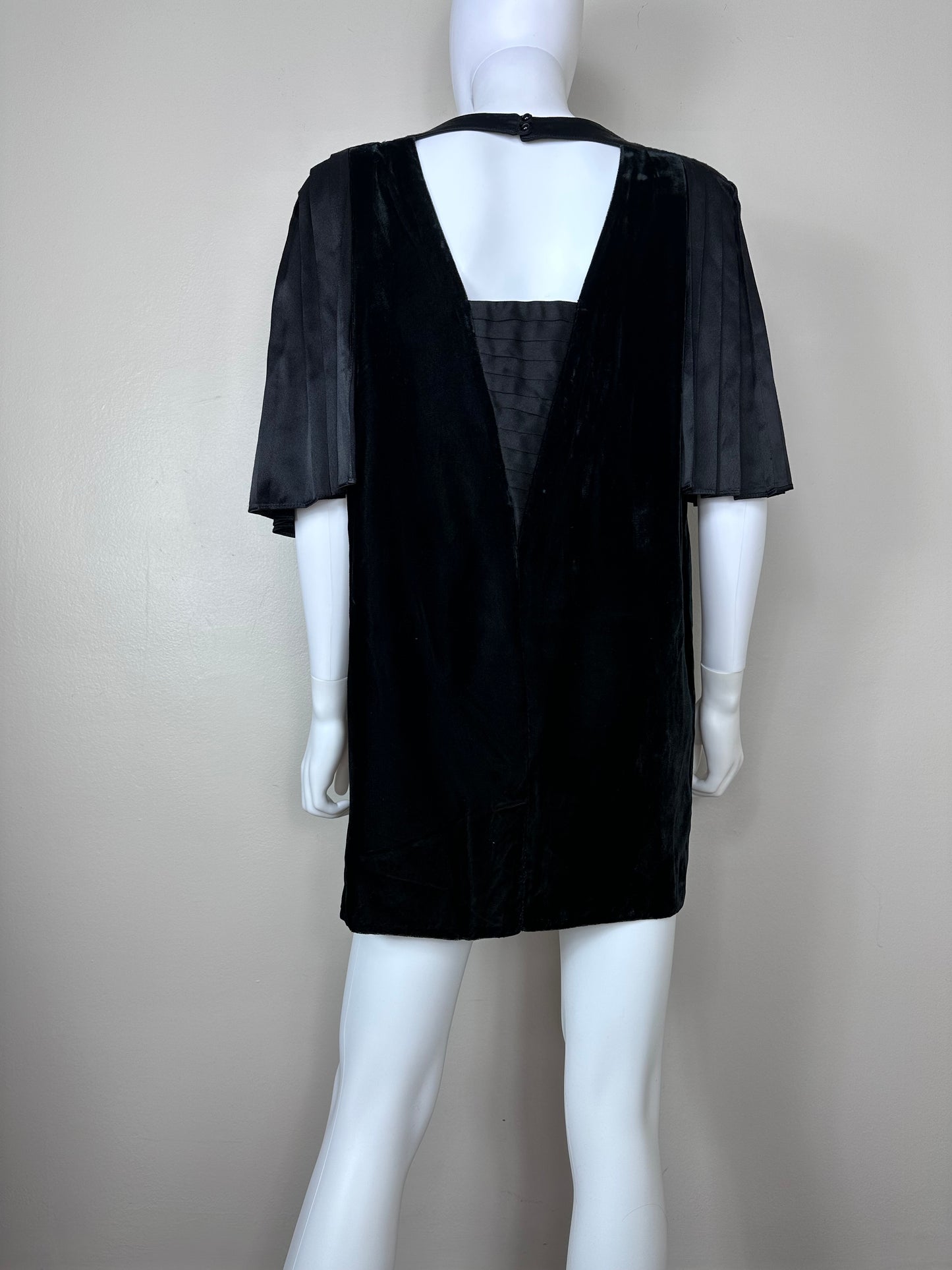 1980s? Black Velvet Micro Mini Dress with Back Cut Out, Size Medium