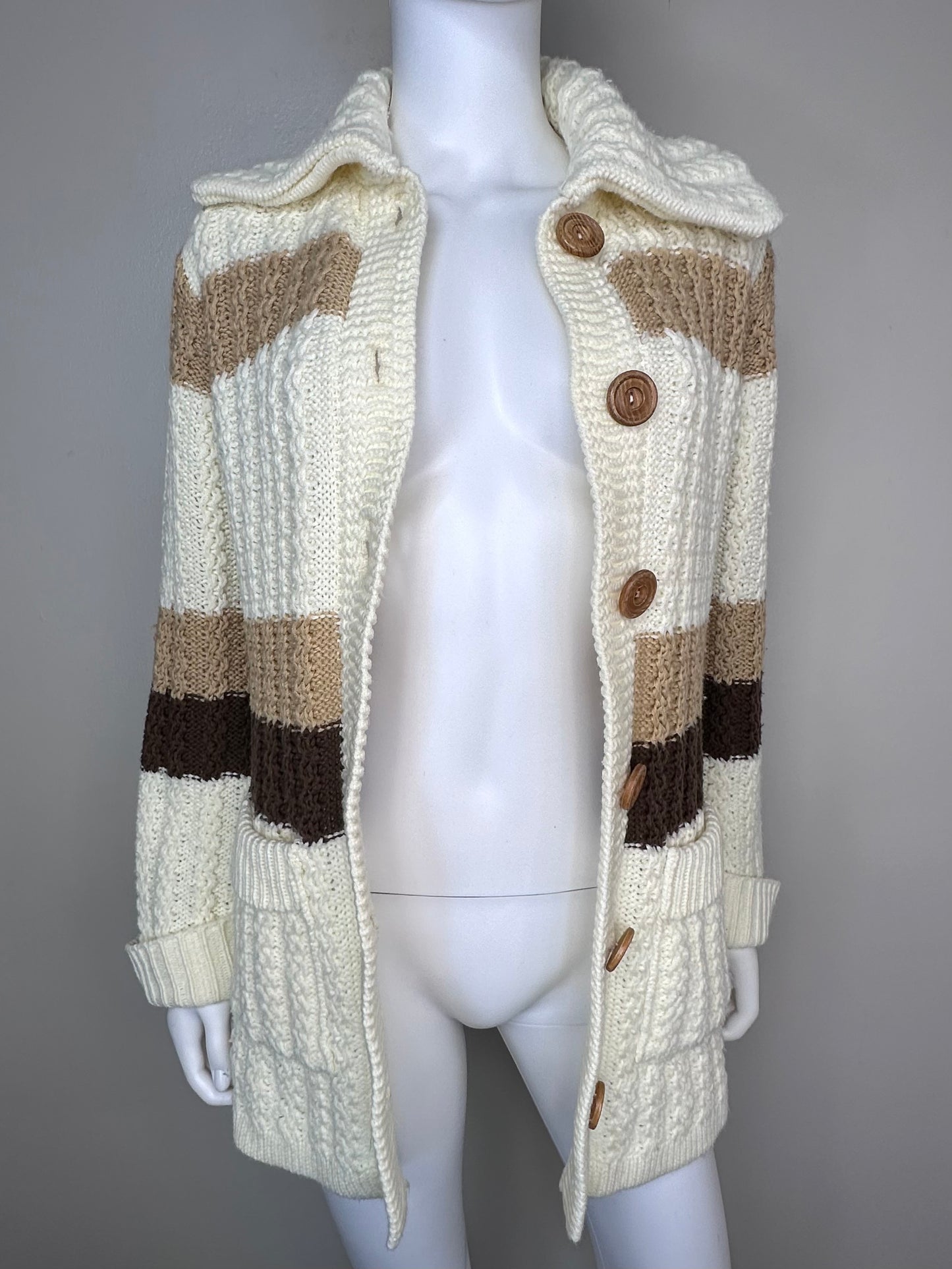 1970s Long Chunky Knit Striped Cardigan Sweater, San Angelo an Aldo Verdi Original Size Medium