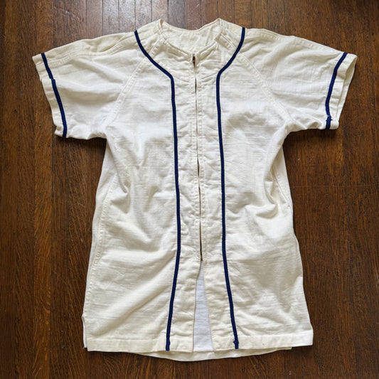 1950s Baseball Jersey, Zip Up Shirt, Russell Southern Co Size Small, Blank White with Blue Trim