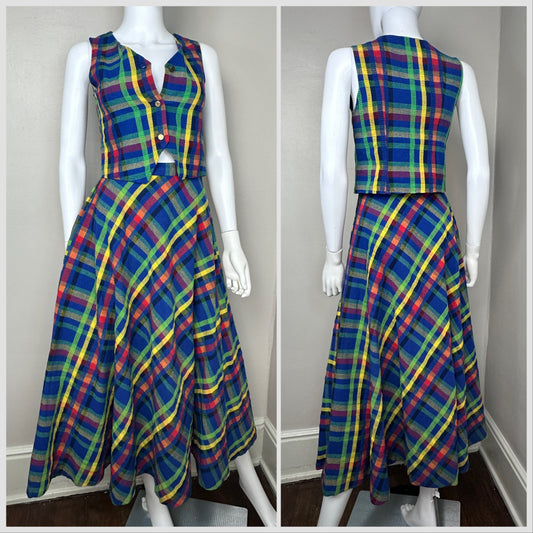 1970s Rainbow Plaid Vest and Maxi Skirt Set, Russ Girl Size X-Small
