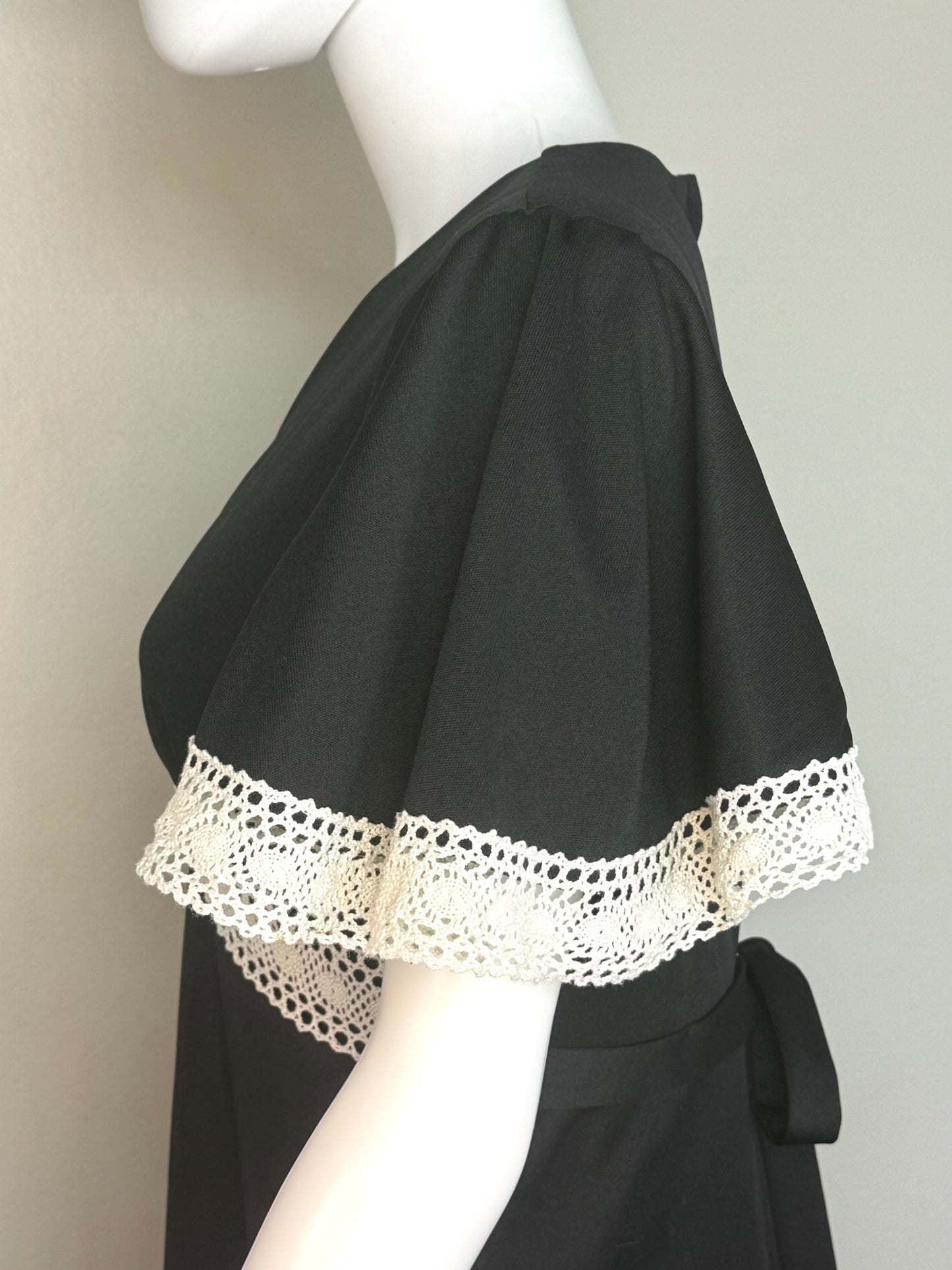 1970s Black Maxi Dress with White Crochet Trim, Sears Fashions Size Large