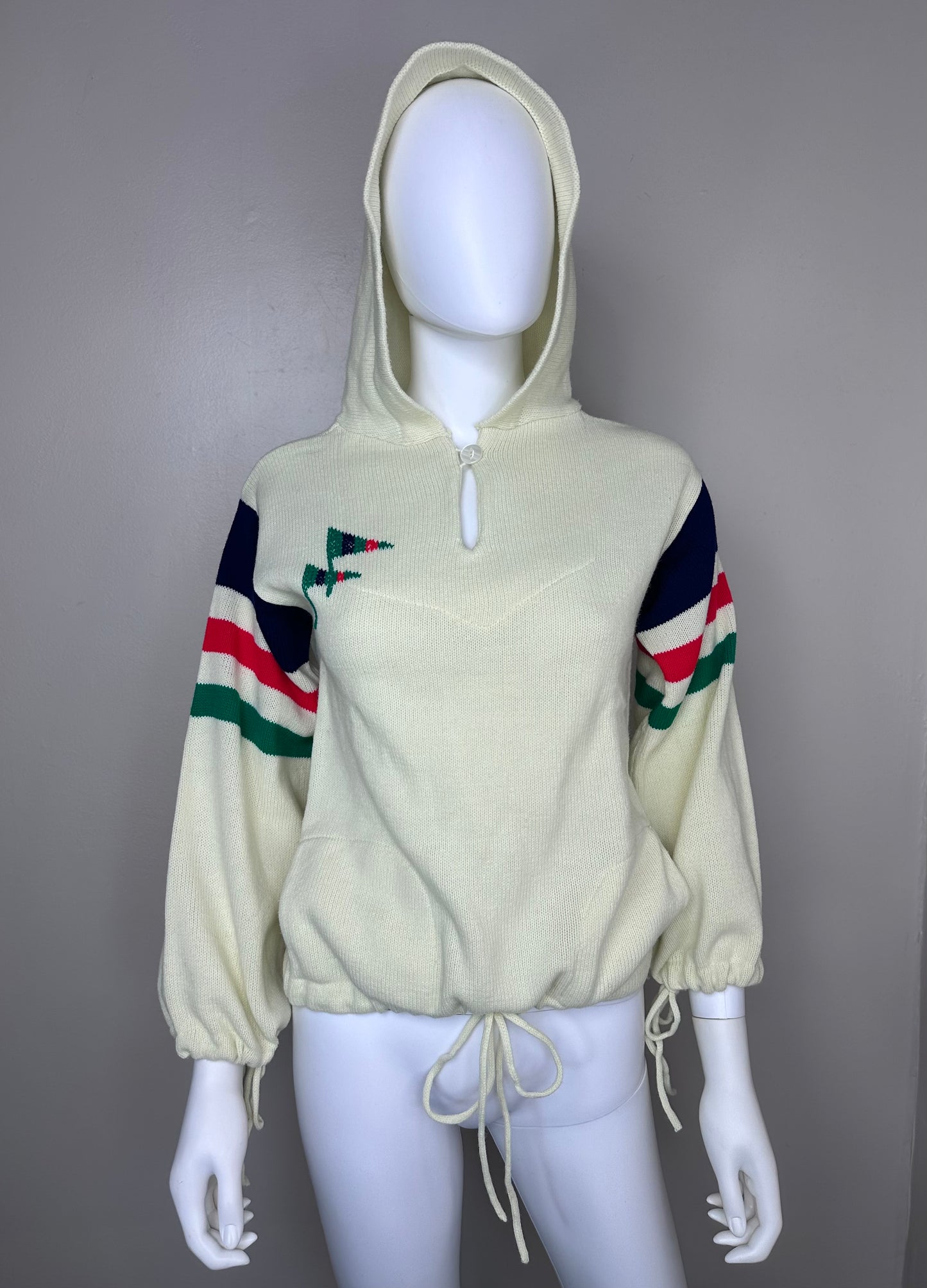 1970s Hooded Sweater with Striped Sleeves, Size XS