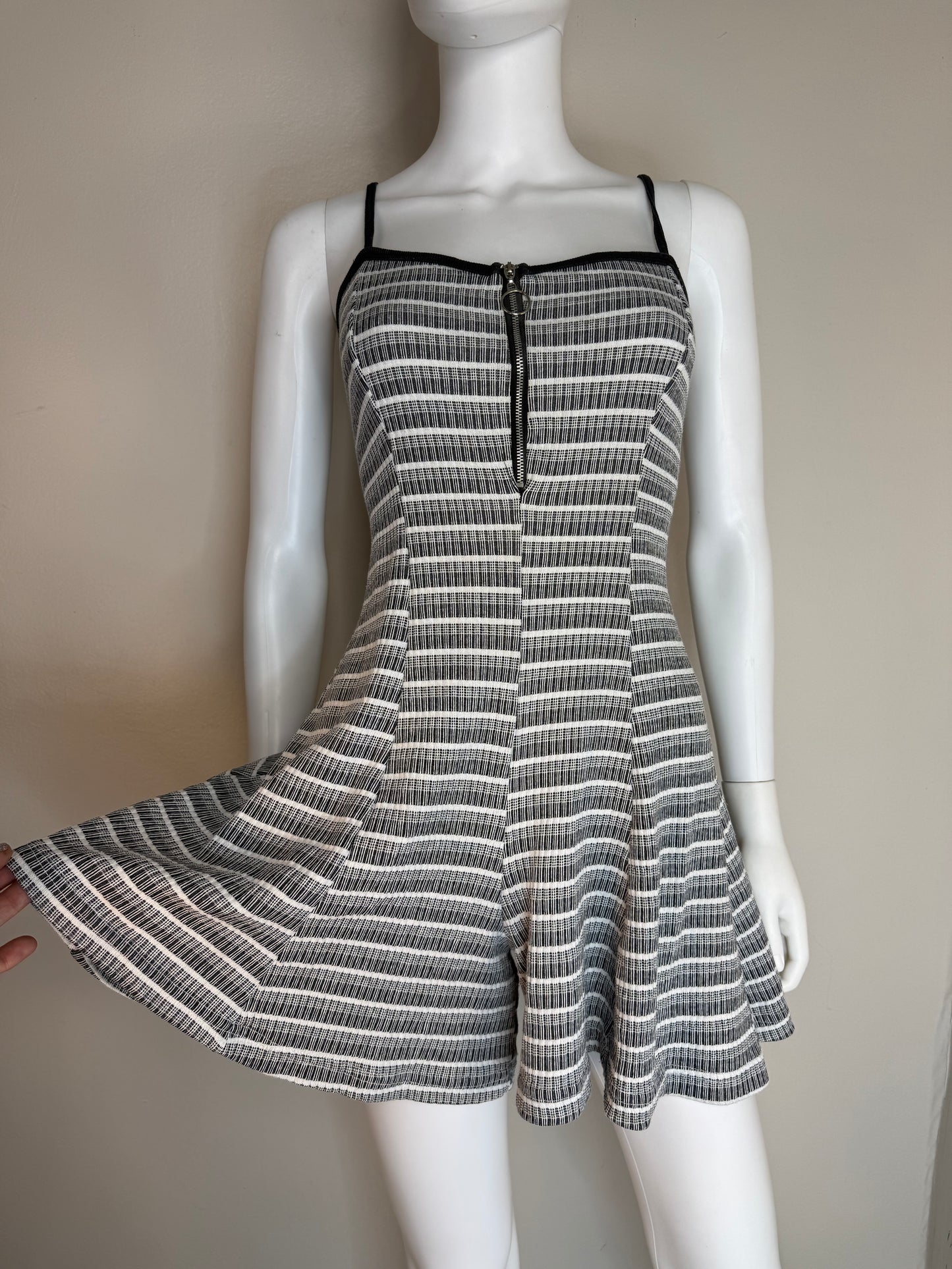 1990s Black and White Stripe Knit Romper, Cargo Size Small, Sleeveless