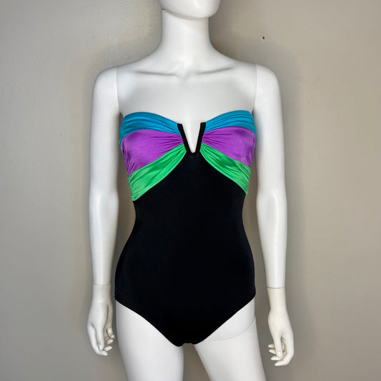 1980s Strapless Swimsuit, Black with Blue Purple and Green Color Block Stripes, Catalina Size XS-Small, One Piece, New Without Tags