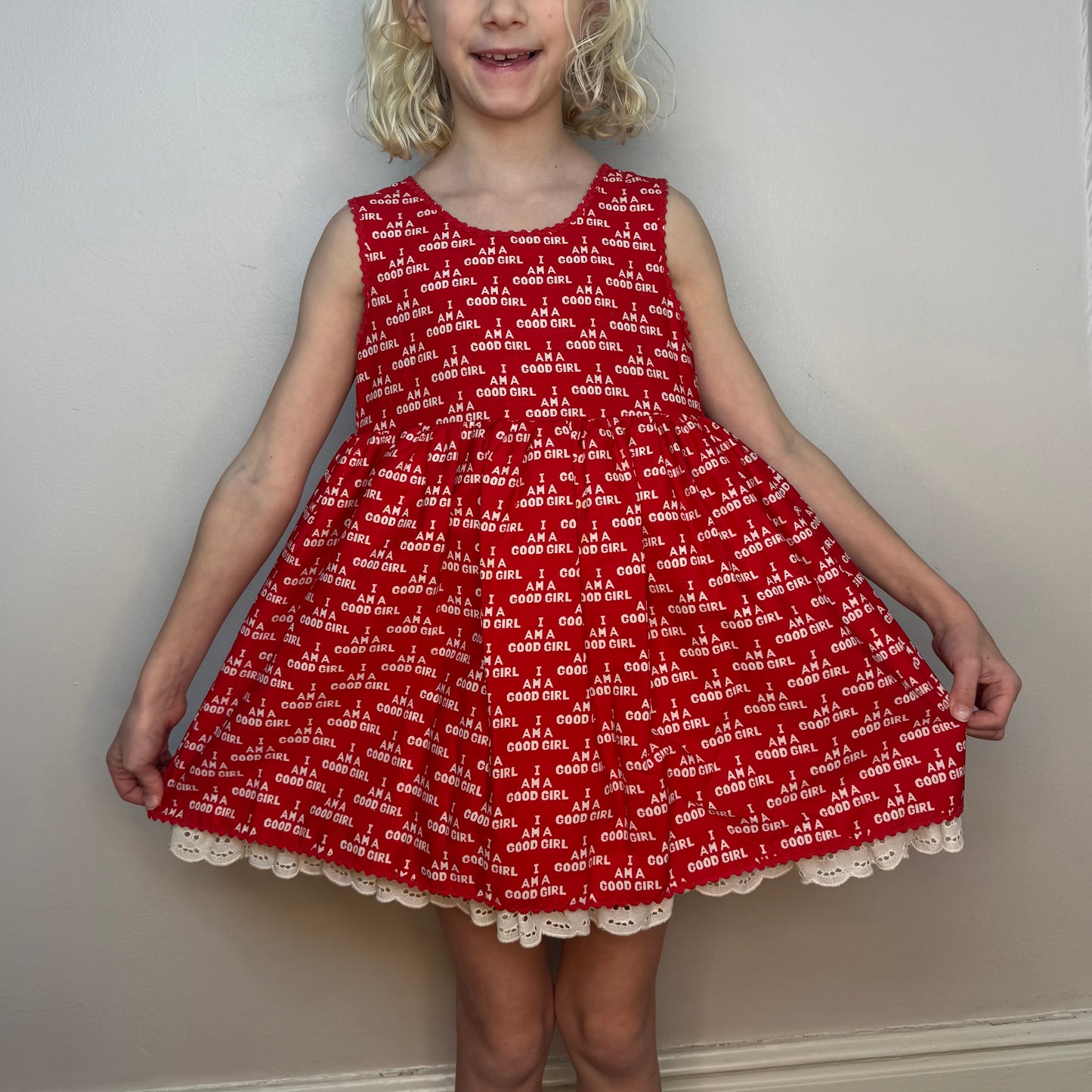 1970s Girls' I Am A Good Girl Dress, Fun Frills by Doris Brosk Size 7/8