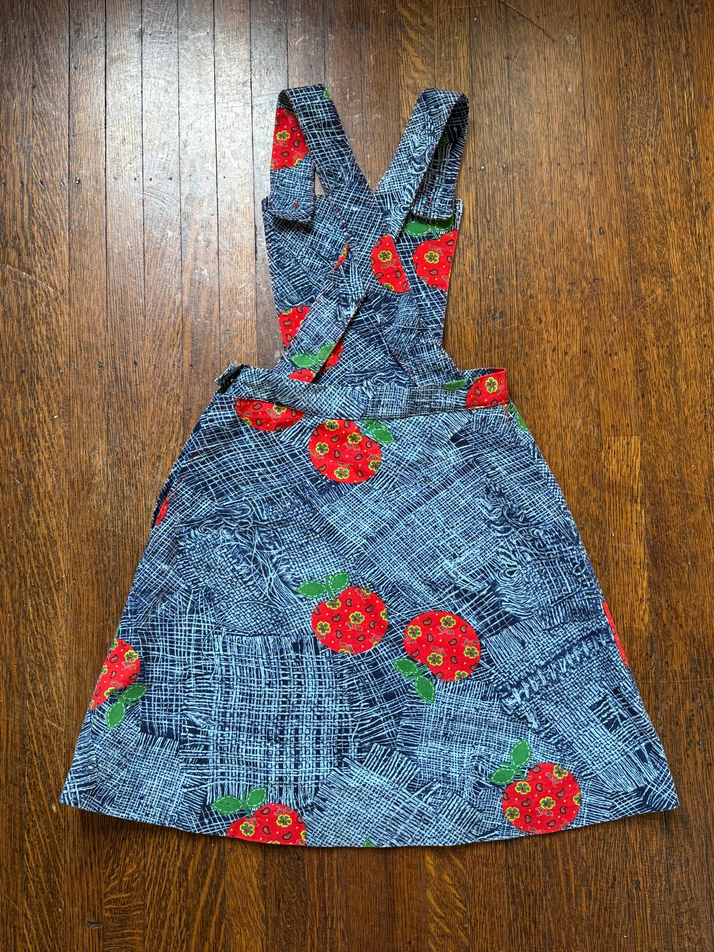 1970s Girls’ Jumper, Low Back Overall Dress, Apple Print, Handmade Size 8