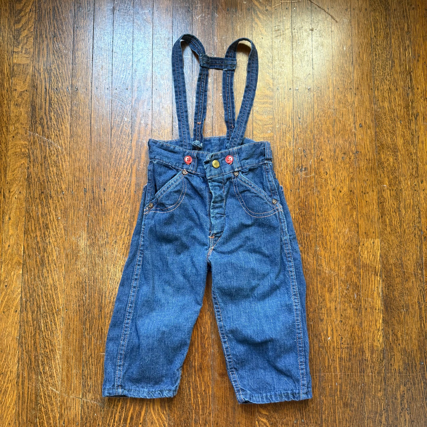 1950s Kids' Big Smith Suspender Blue Jeans, Cowboy Print Pockets, Size 2T