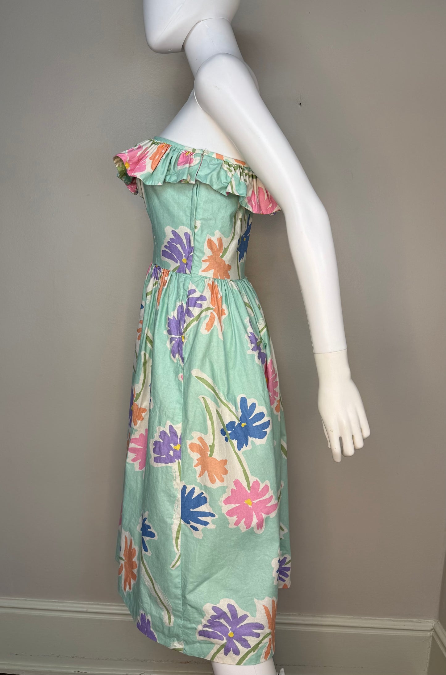 1980s Pastel Green Floral One Shoulder Dress, Blair Woolverton Size XS, Asymmetrical