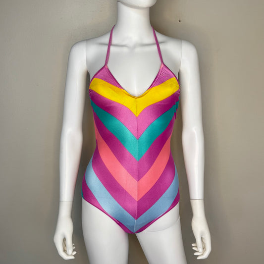 1970s/80s Pink Stripe One Piece Swimsuit, Size XS