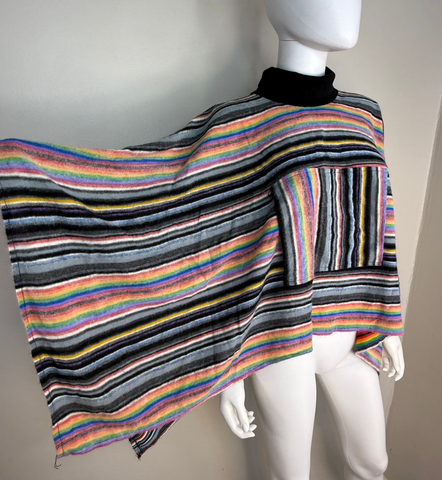1970s Rainbow Stripe Fuzzy Poncho, Knit Turtleneck, One Size Fits All