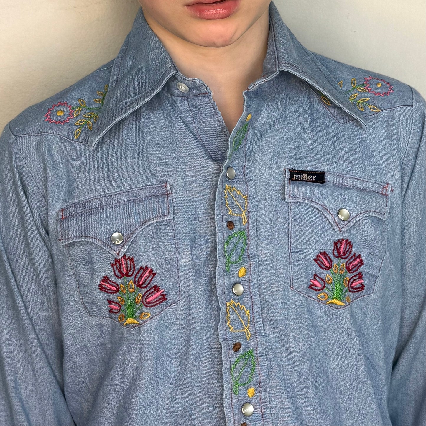 1970s Kids’ Chambray Shirt with Floral Embroidery, Miller Western Wear Size 10/12