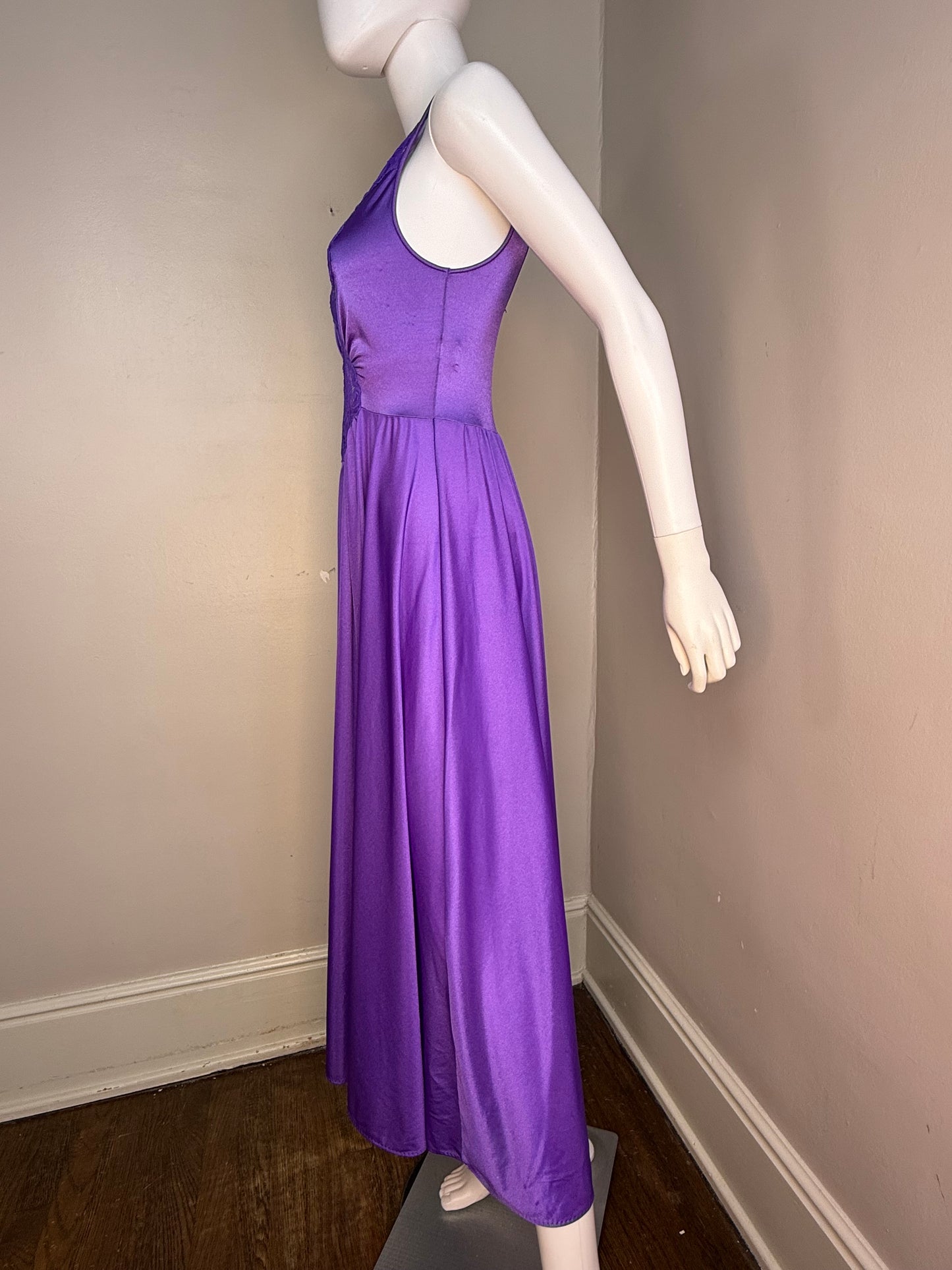 1970s Purple Nightgown with Full Sweep, Lace Cut Out Bodice, Lorraine Size XS-Small