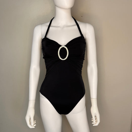 1980s Black Swimsuit with Large Rhinestone Buckle, Bill Blass Beachwear Size XS/Small, One Piece, New Without Tags, 80s does 50s Pin-up