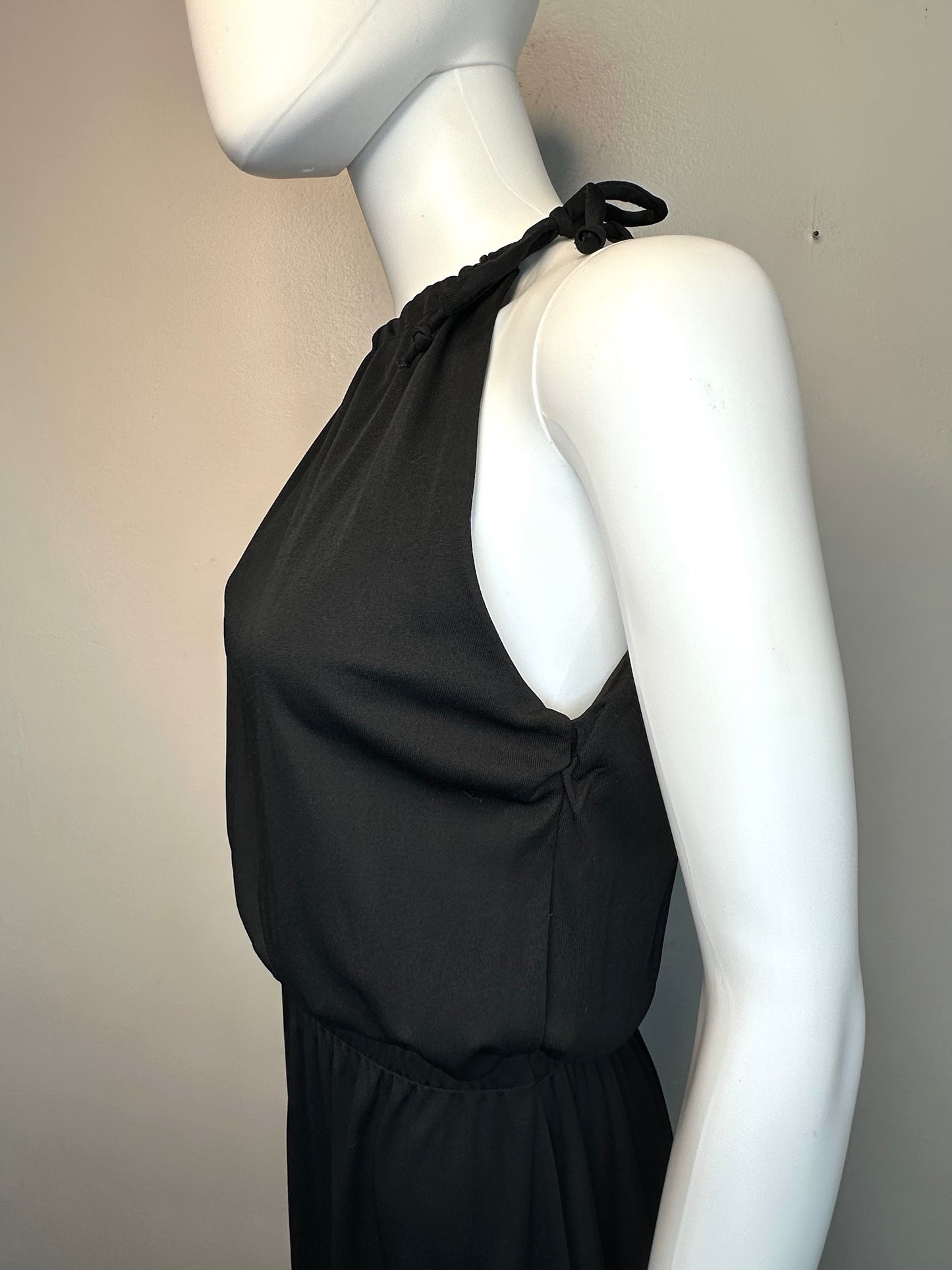 1970s Black Sleeveless Maxi Dress, Career Guild Size Medium, Drawstring Neck, Back Keyhole