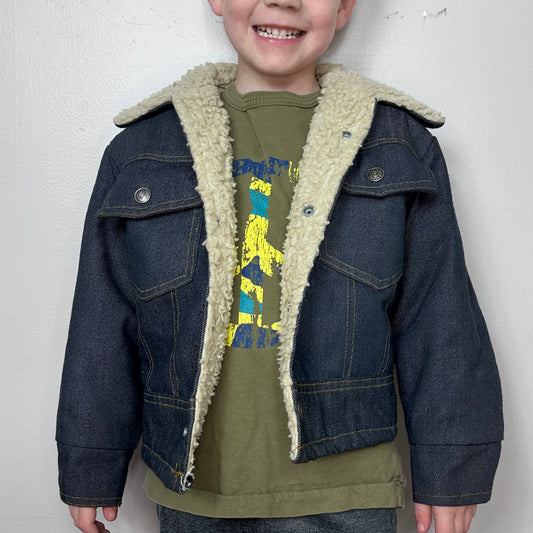 1970s Kids Sherpa Lined Denim Jacket, Sears Toughskins Size 6/7