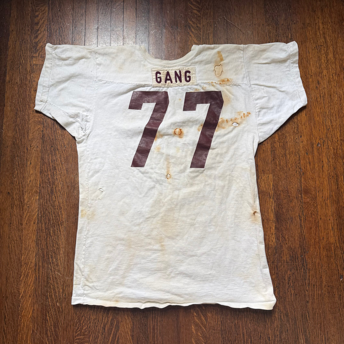 1960s White Cotton Jersey, Size Large, No 77, Chainstitch Name GANG, Very Distressed