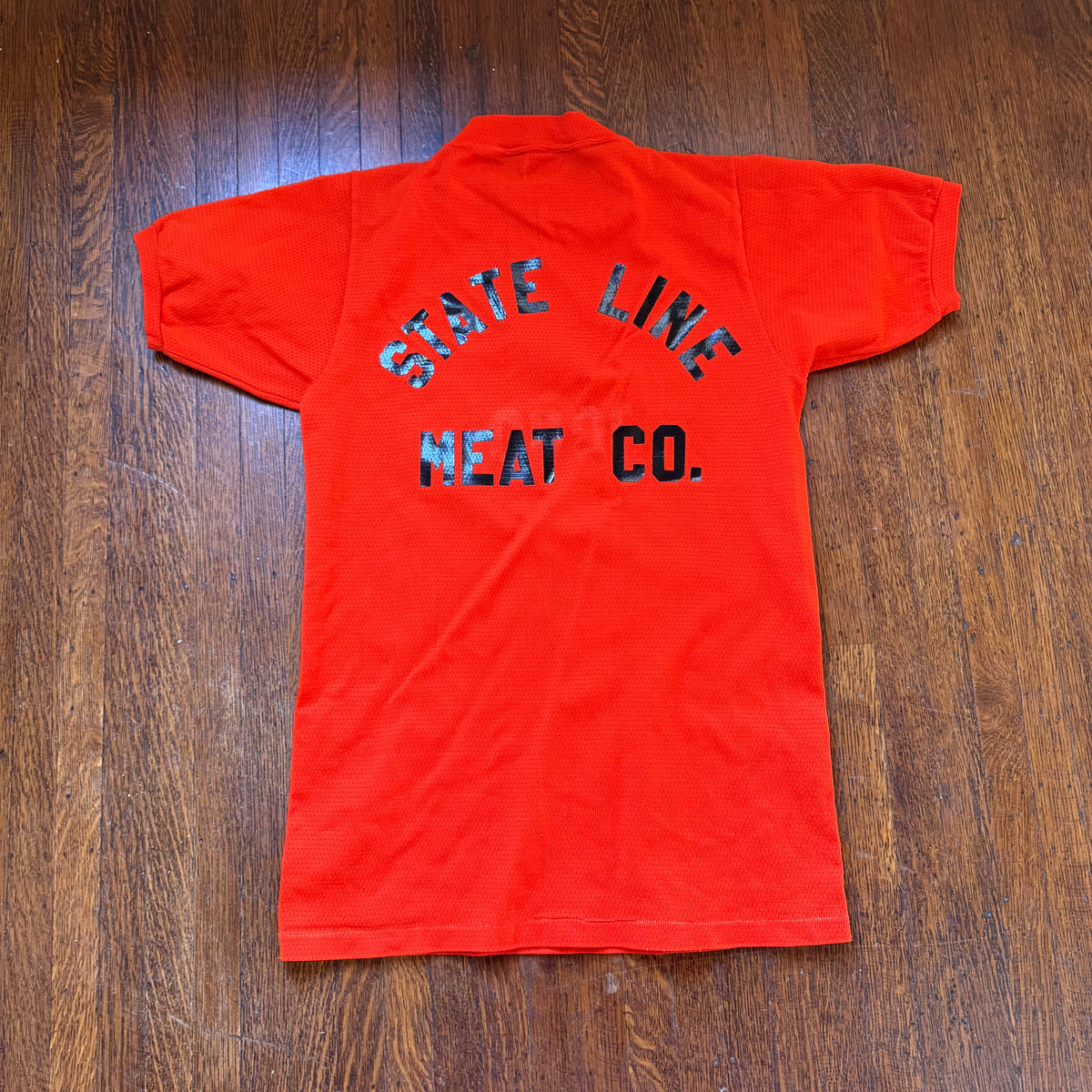 1960s/70s Orange Mesh Jersey T-Shirt, State Line Meat Co, York Arms Co Sporting Goods Memphis Size Small, No. 8