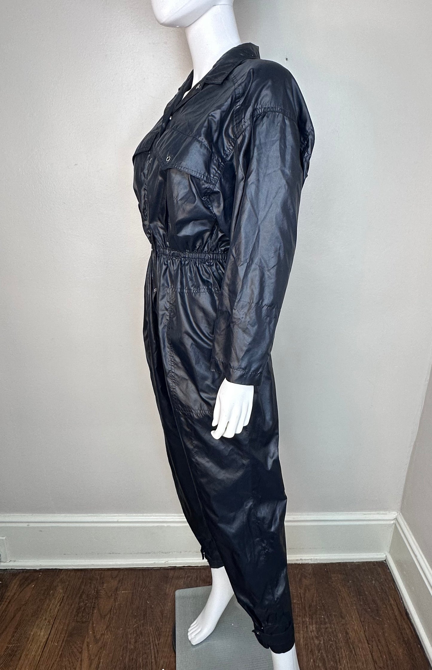 1980s Shiny Black Parachute Jumpsuit, Size Small-Medium