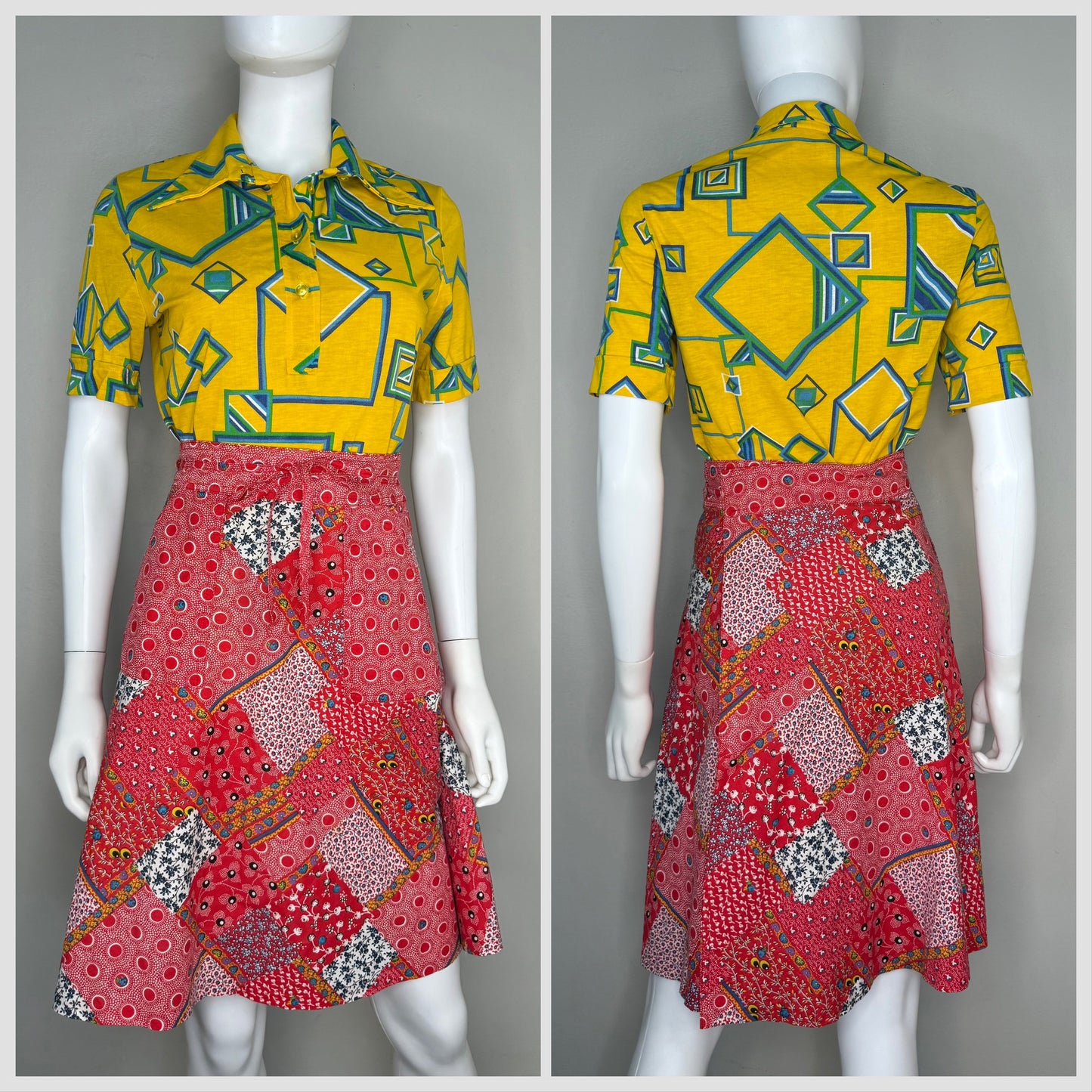 1970s Red Patchwork Print Wrap Skirt, Runky Size XS, Floral and Polka Dot