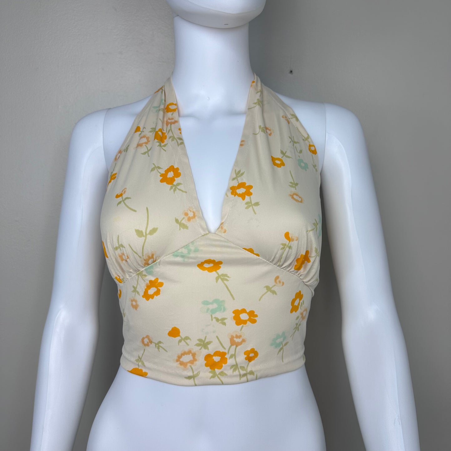 1970s Floral Cropped Halter Top, Back Tie, Fritzi of California Size Small-Medium