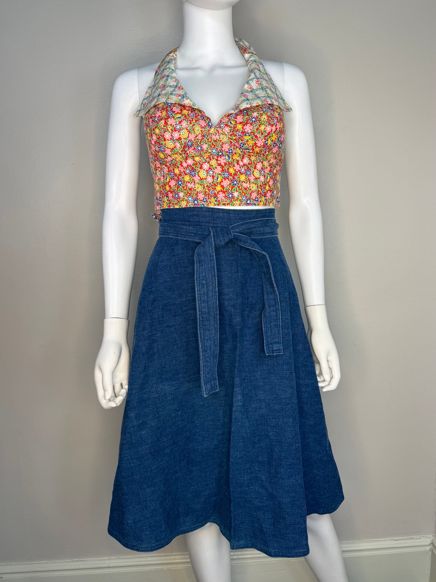 1970s Denim Wrap Midi Skirt, Handmade Size XS-Small