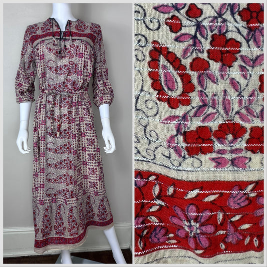 1970s/80s Pakistani Cotton Dress with Metallic Thread, Size Medium