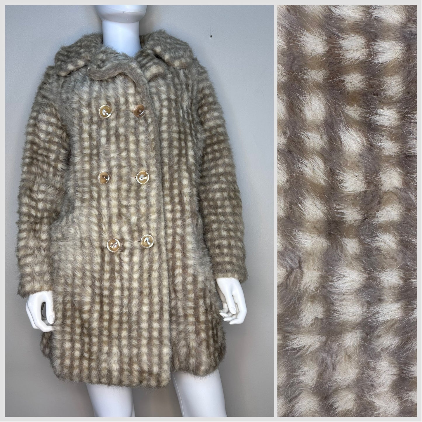 1960s Tan Plaid Faux Fur Coat, Size Small